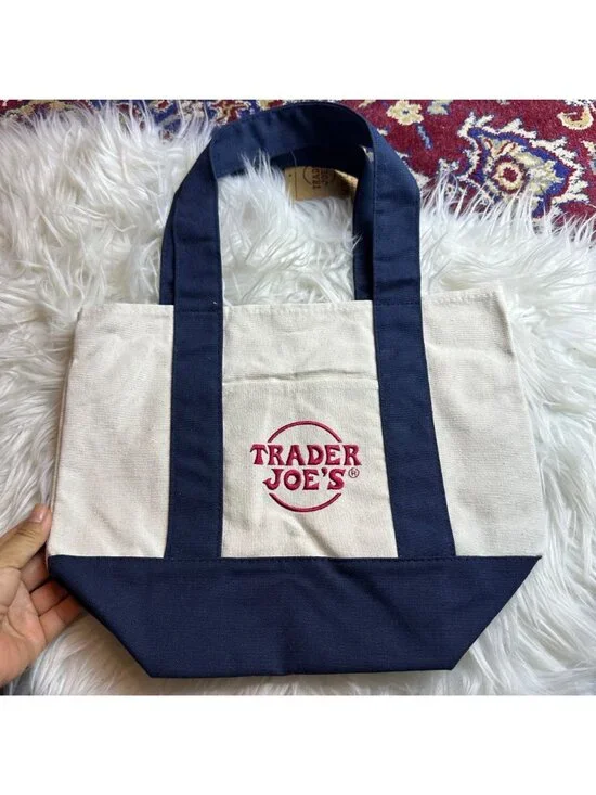 NWT Trader Joes Navy Blue Mini Canvas Tote Bag Reusable Ecofriendly Market 866 - Picture 8 of 9